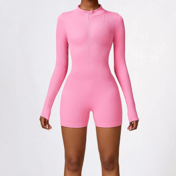 Neuankömmlinge Frauenrippe nahtlose Langarm Shorts Onesie - hoher elastischer, atmungsaktives, schnelles Trocknen, sexy Yoga -Overall