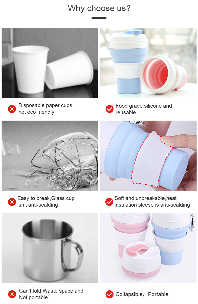 · Safety and health - foldable silicone cups are made of food grade silicone and food grade PP, FDA certificate,BPA free. Smooth inner wall, easy to clean, non - toxic, non - polluting, reusable. · Made from the same food-grade silicone as baby pacifiers; taste- and odourless, 100% BPA free, user-friendly, extremely heat & cold resistant, dishwasher & freezer safe · Our Reusable silicone coffee cup can customized LOGO ,color ,package as you want .So you can print your personal logo. · Kean folding cup suitable for all cold and hot drinks, soup or snacks; they will do very nicely as a wine camping cup or an unbreakable cup for kids or toddler; t`s a must have for hiking trips, vacations, office & school lunch, picnics, scout outings & sport events; ideal for having a safe, hygienic drink at a public water fountain, in your hotel room or camp site · Safe & Leakproof - Food grade silicone and BPA free material mean safe and healthy use for the whole family. uniquely designed airtight silicone seal effectively prevents leaks.