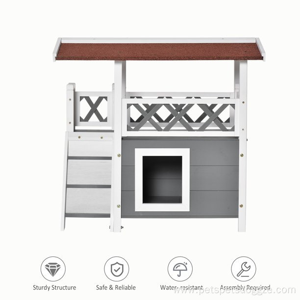 Wooden Cat House Shelter With Balcony Roof