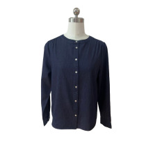 Round Neck Button Front Denim Blouse In Indigo