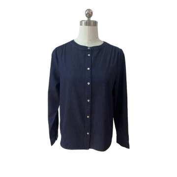 Round Neck Button Front Denim Blouse In Indigo