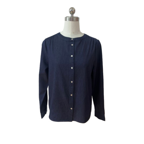 Round Neck Button Front Denim Blouse In Indigo