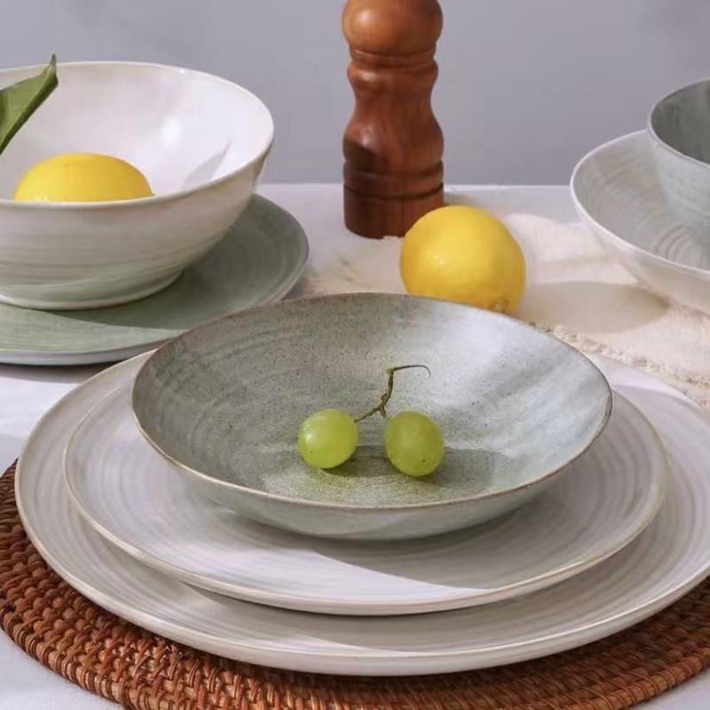 Asian-Inspired Dinnerware Set with Gray-Green Bowls and Plates