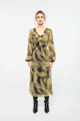 Stunning Mustard Green Long Length Classic Dress