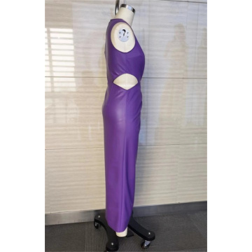 Ladies Sleeveless Sexy Slim Split Purple PU Dress