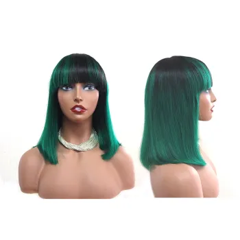 Youfa Ombre Color 1b/Green Short Bob Wigs Human Hair None Lace Bob Wig Peruvian Virgin Remy Hair Machine Made Bob Wig with Bangs