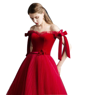 Elegant Velvet Red Prom and Wedding Dresses with Tulle, Bowtie, and Flowers