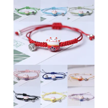 Chinese Knot Bracelet with Ceramic Lucky Cat - Red Rope Bracelet for Women