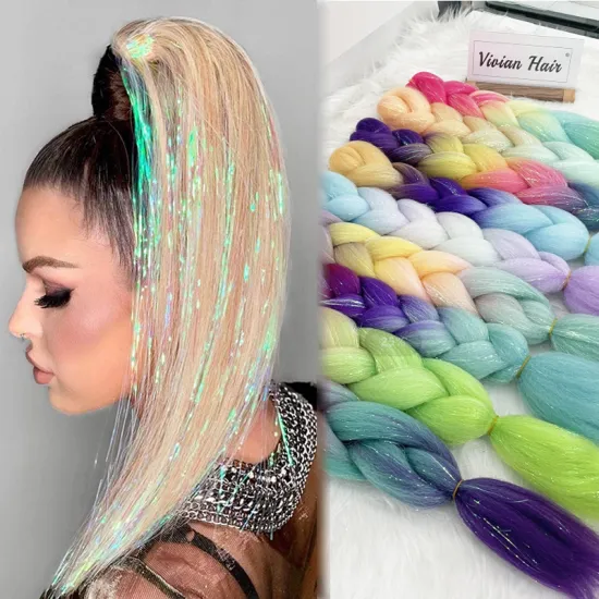 Shimmering Rainbow Kanekalon Braiding Hair with Tinsels: 100% Synthetic Twinkle Braid