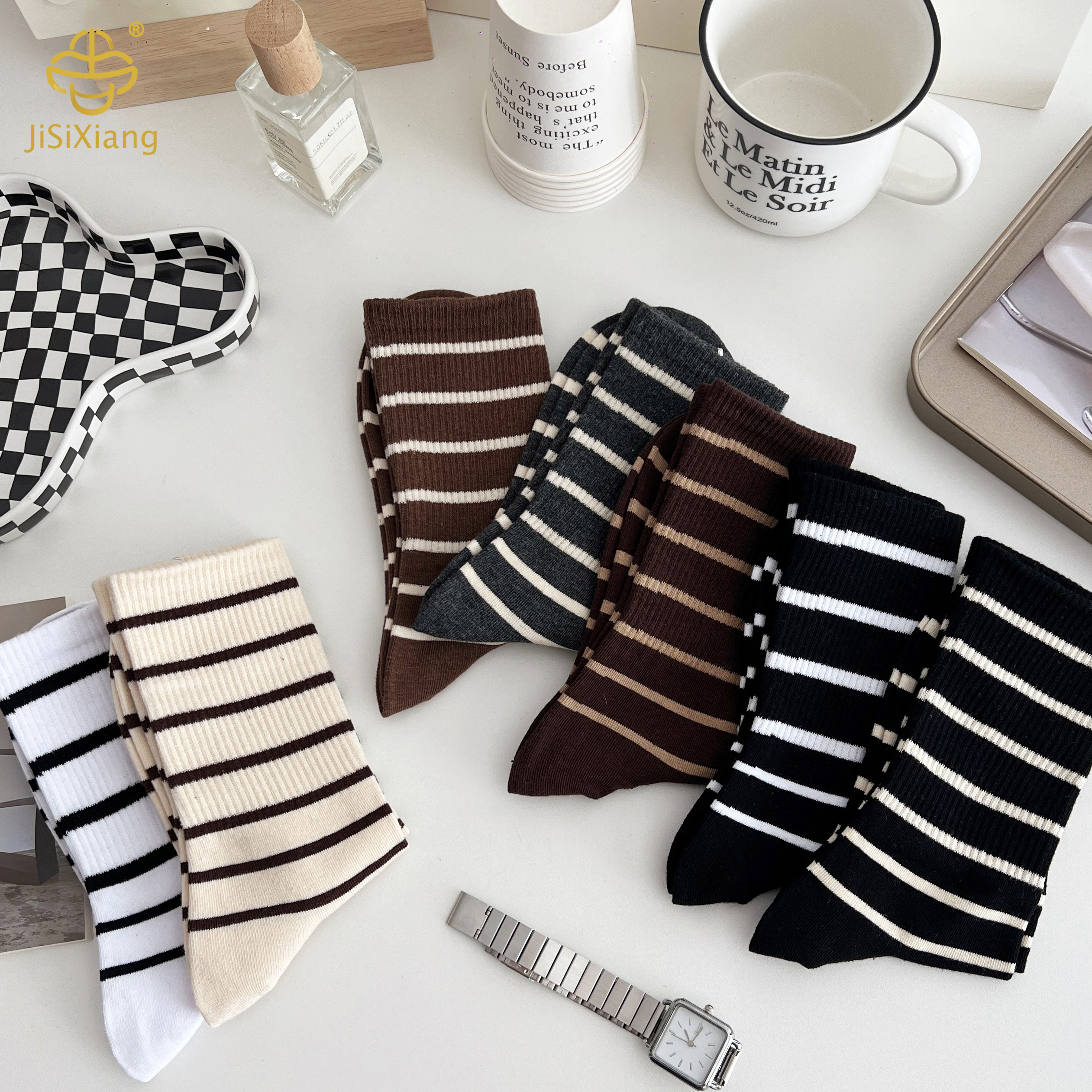 Korean version of Mirad retro striped mid tube socks pile socks
