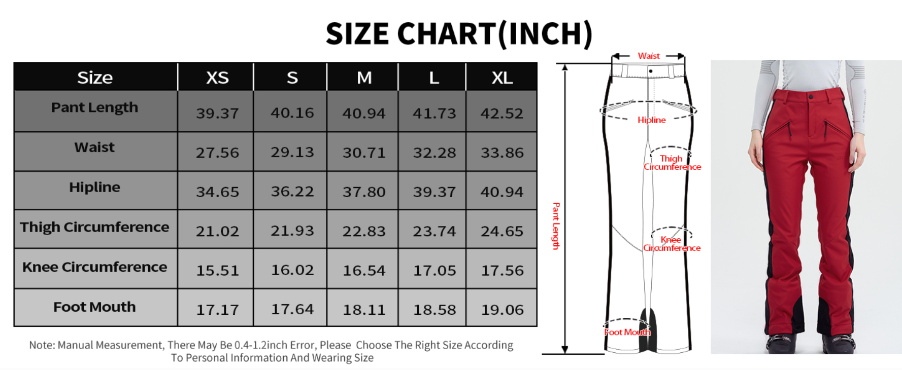 ski pants size chart