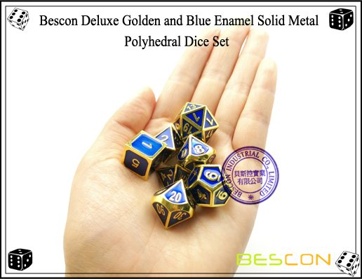 Bescon Deluxe Golden and Blue Enamel Solid Metal Polyhedral Role Playing RPG Game Dice Set (7 Die in Pack)-7