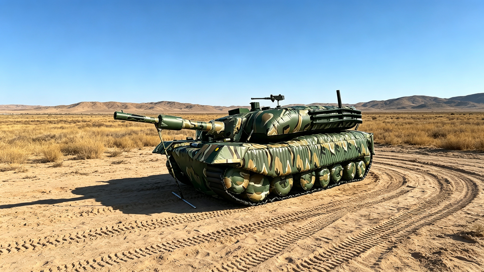 Inflatable camouflage tank decoy in the desert