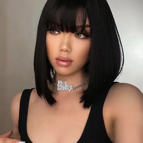 Short Bob Wigs With Bangs Human Hair 12inch 10A Brazilian Straight Human Hair Bob Wigs For Black Women Wholesale cheap price
