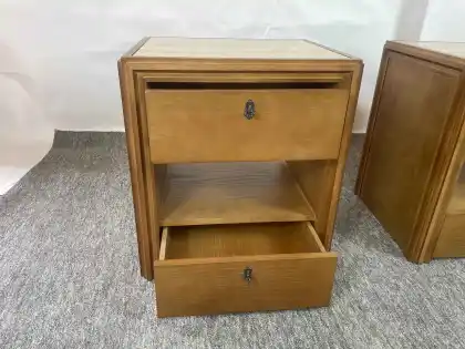 Mid-Century Modern Travertine Top Wooden Nightstand