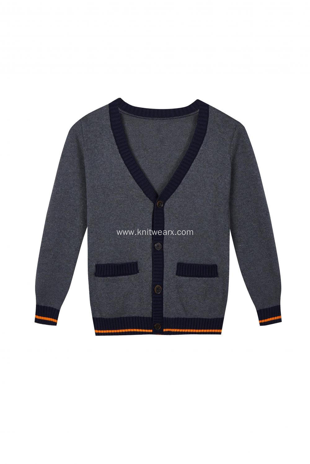 Boy's Knitted Pocket Buttoned Contrast Edge School Cardigan