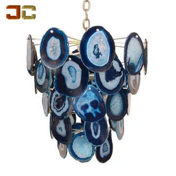 Modern Light Gold Chandelier with Turquoise Shell and Indigo Blue Agate Stone