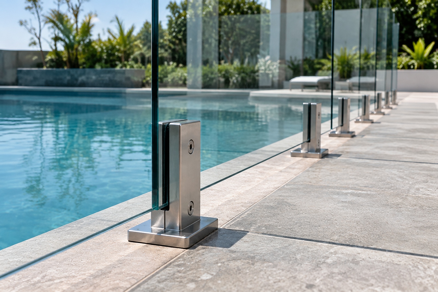 Close-up detail of a frameless glass pool fence panel and compatible mounting system