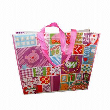 PP woven recycled shopping bags with PP webbing handles and full printing on whole bag