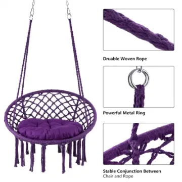 Purple Hanging Swing Cotton Rope Chair Hammock with Macrame and Cushion