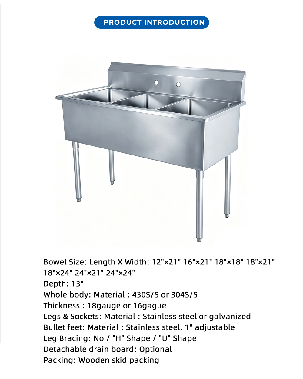 Triple Bowl Stainless Steel Commercial Sink X