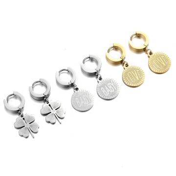 Custom Yiwu Aceon Stainless Steel Hinge Hoop Earrings with Personalized Logo and Lucky Clover Charm