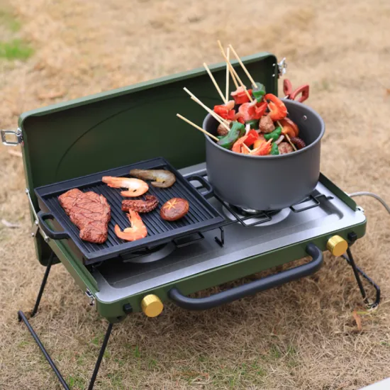 Portable 2-Stovetop Gas Stove with Easy-Clean Cooking Barbecue Picnic Folding Outdoor Camping Burner for Garden Use