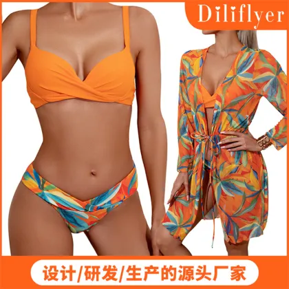 2024 Women's Three Piece Swimsuit with Long Sleeved Cover Up