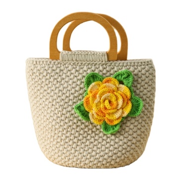 Gradient Color Crocheted Rose Bag with Wood Handle and Plush Interior