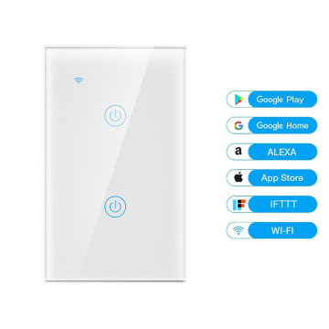 FCC Certified Alexa Switch Smart Smart dengan piawaian AS, Reka Bentuk Kaca 2-Gang-Tidak diperlukan neutral, keserasian Tuya Wi-Fi