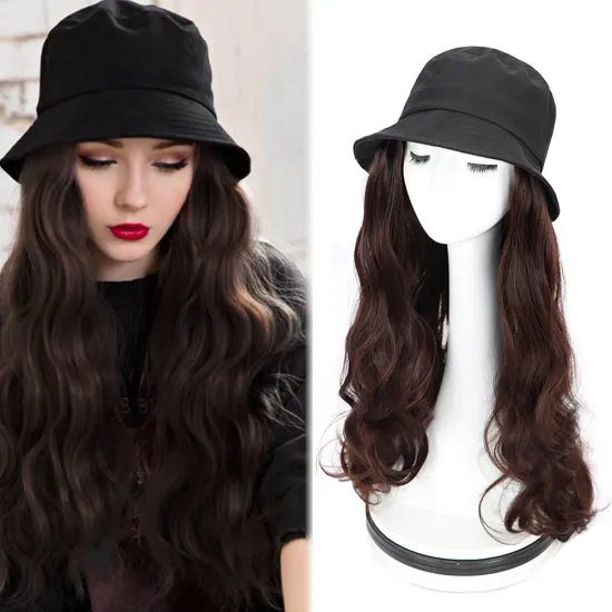 Colorful Long Body Wave Fisherman Hat Wigs in Black, Light Brown, and Other Styles for Autumn & Winter - 24 Inch Synthetic Hair Hats and Caps