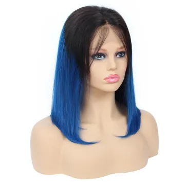Yeswigs 1b-blue Short Bob Cut Wig Human Hair Lace Front Cuticle Aligned Remy Virgin Silky Straight 1b-blue Ombre Wig 8 Inch Bob