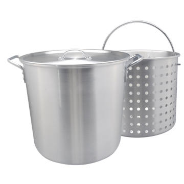 Professional Grade Classic Stockpots พร้อมตะกร้าเดือดและฝาระบายน้ำในหลาย ๆ ด้าน: ขนาดตั้งแต่ 20QT ถึง 100QT - การก่อสร้างอลูมิเนียม