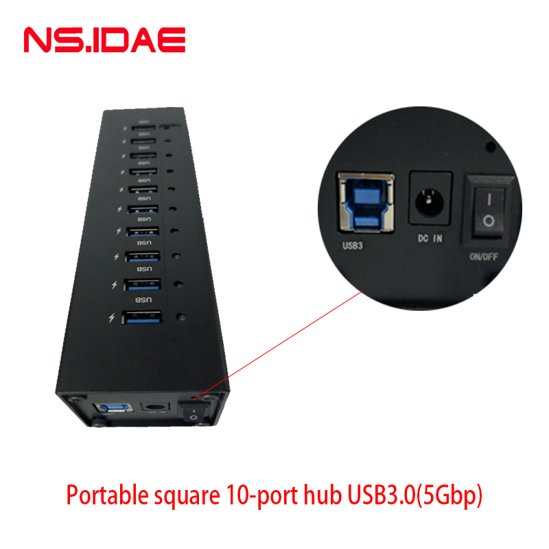 Centre USB3.0 en alliage en alliage en alliage en aluminium à 10 ports