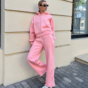 Womens Winter Fleece Thick Sweatshirt and Pants Suit Zipper Hooded Two Piece Sets