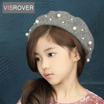 VISROVER 2018 fashion kid pearl beret hat for girl winter cap autumn Beads Punk Beret Hat New Solid Women Wholesale Baret kids