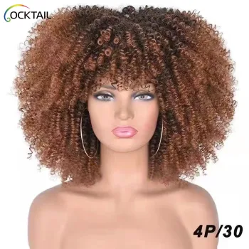 Heat Resistant Afro Kinky Curly Wigs With Bangs For Black Women African Synthetic Ombre Glueless Cosplay Wigs High Temperature