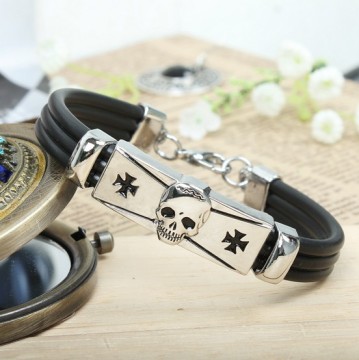 Fashion skull cross men's zinc alloy bracelet with PU leather,punk style wholesale