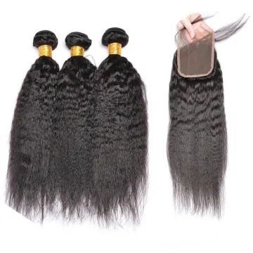 8a Grade Unprocessed Yaki Kinky Straight Wave 3 to 4 Hair Bundles with Closure