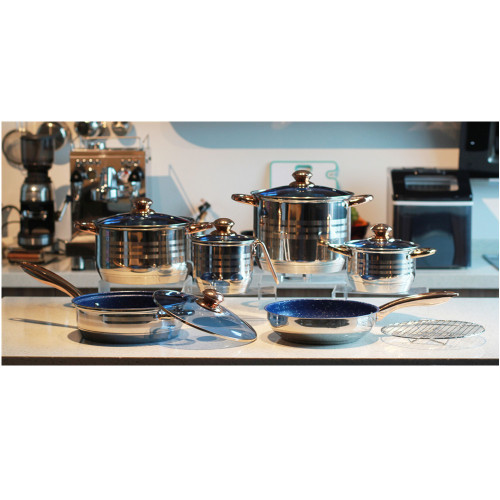 12 pieces blue transparent tampered lid cookware set