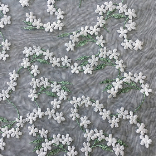 Green Leaves Embroidery Fabric On Black Mesh