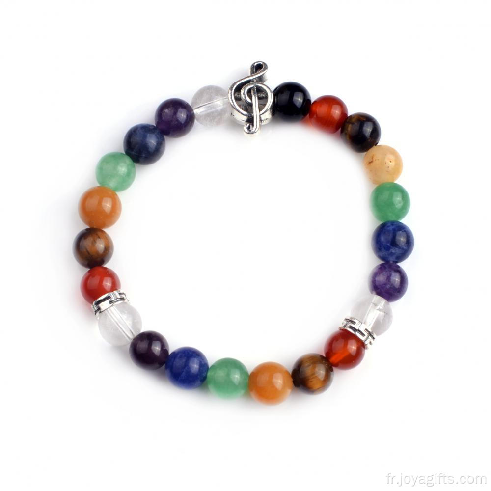 Perles rondes Bracelet masculine avec musique symboles Bracelet de perles de gros 7 Chakra Stone