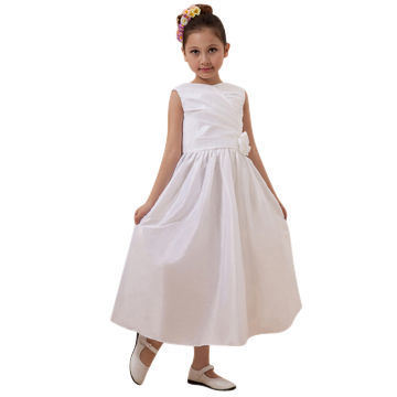 Flower girl dress, flower applique, taffeta material, sleeveless