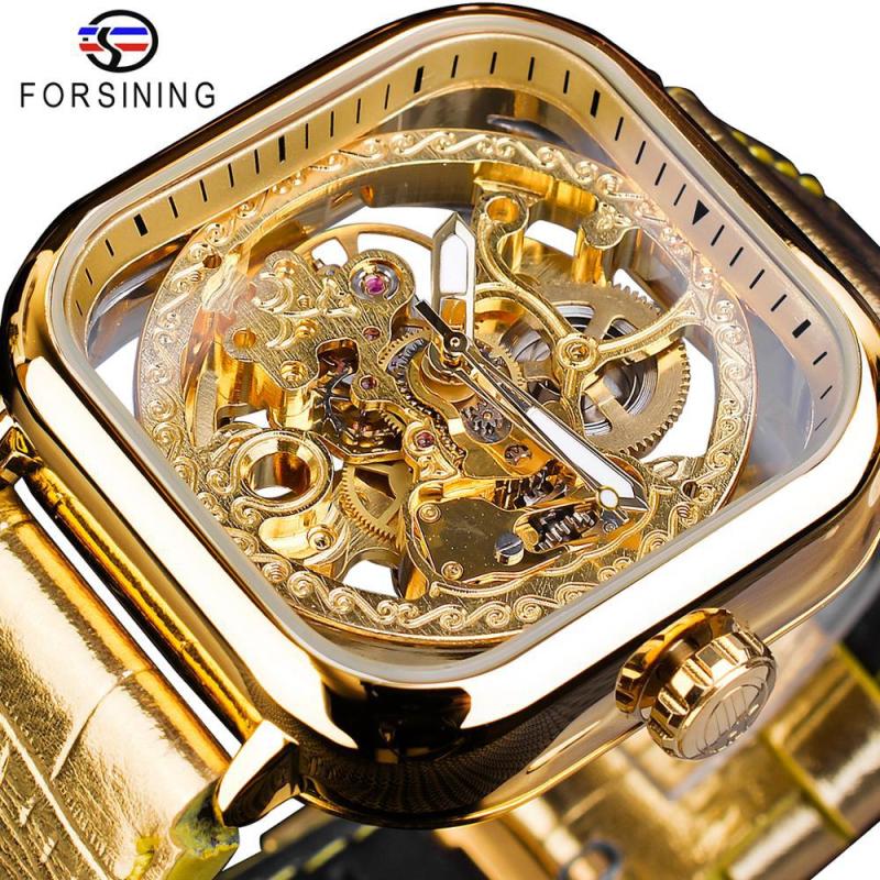 Forsining 2020 Waterproof Gold Men's Watch with Square Dial and Automatic Mechanical Movement