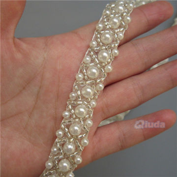 2 yards 1.5cm Width Pearl Lace Beaded Handmade Trimming Wedding Dress Belt Sash Ribbon Bridal Applique Fabric Sewing Craft DIY