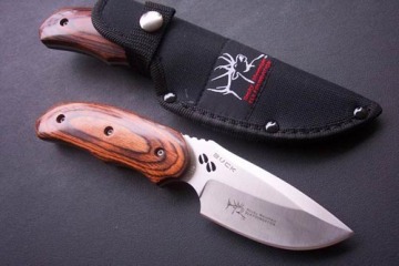 satin finish blade hunting knife w,hardwood scales inlay handle