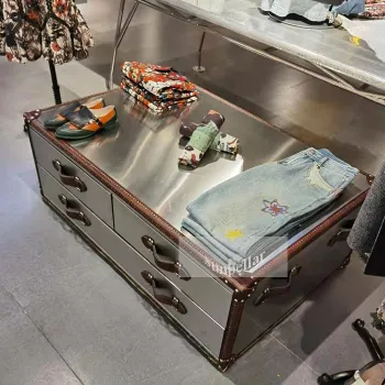 Industrial Retro Vintage Leather Trunk Coffee Table with Storage Drawers and Brush Steel Design