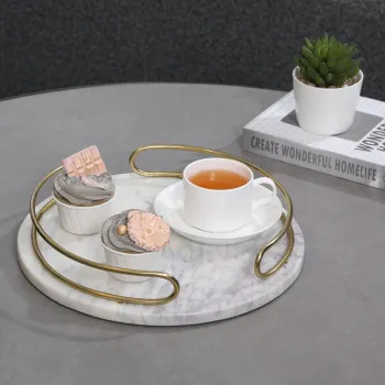 White Round Marble Serving Tray with Metal Handles