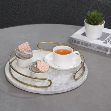 White Round Marble Serving Tray with Metal Handles