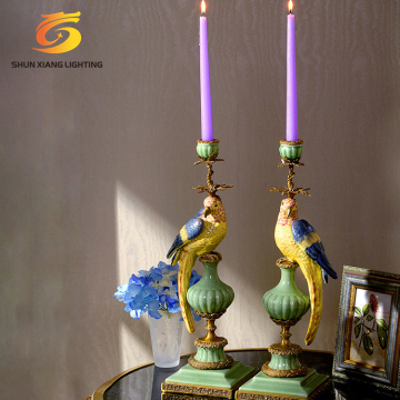 Creative Brass Ceramic Candle Holders with Color Bird Decorations for Wedding and Home